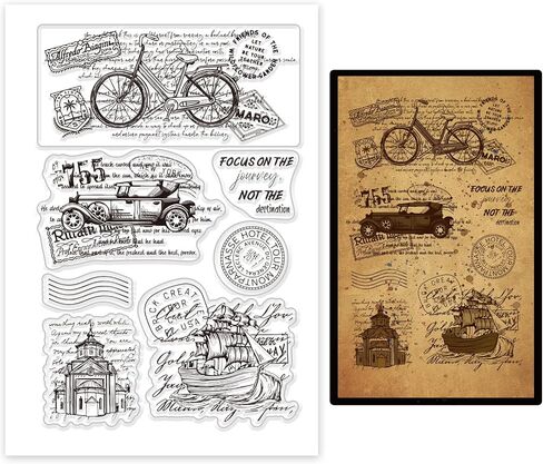 GLOBLELAND Retro Vehicle Bicycle Architecture Transparent Clear Stamps Vintage Text Background Embossing Stamp Sheets Silicone Clear Stamps Seal for DIY Scrapbooking and Card Making Paper Craft Decor in Saudi Arabia