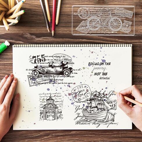GLOBLELAND Retro Vehicle Bicycle Architecture Transparent Clear Stamps Vintage Text Background Embossing Stamp Sheets Silicone Clear Stamps Seal for DIY Scrapbooking and Card Making Paper Craft Decor in Saudi Arabia