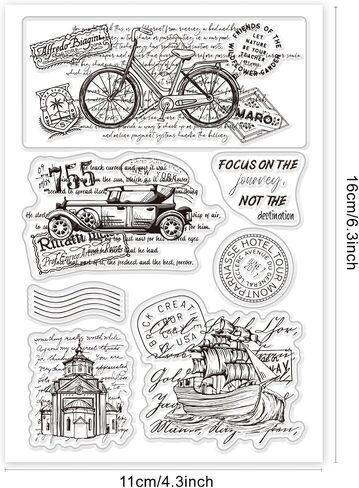 GLOBLELAND Retro Vehicle Bicycle Architecture Transparent Clear Stamps Vintage Text Background Embossing Stamp Sheets Silicone Clear Stamps Seal for DIY Scrapbooking and Card Making Paper Craft Decor in Saudi Arabia