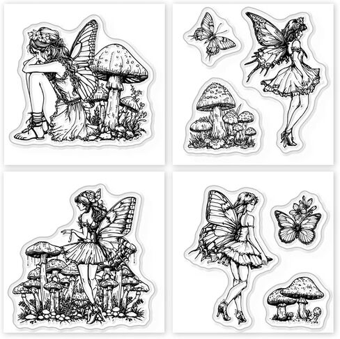 GLOBLELAND 4Pcs Mini Fairy Mushroom Clear Stamps for DIY Scrapbooking Butterfly Fairy Silicone Stamp Seals Transparent Stamps for Cards Making Photo Album Journal Home Decoration 2.2x2.2inch in Saudi Arabia