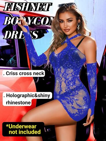 Women Club Party Rave Outfits, Sparkly Rhinestone Halter Bodycon Dress Lingerie, Sexy Sheer Fishnet Exotic Dancewear in Saudi Arabia