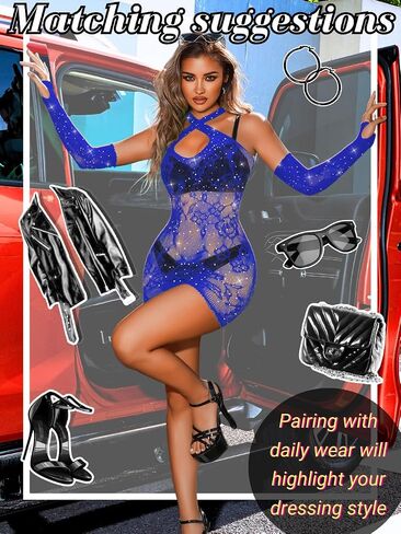 Women Club Party Rave Outfits, Sparkly Rhinestone Halter Bodycon Dress Lingerie, Sexy Sheer Fishnet Exotic Dancewear in Saudi Arabia