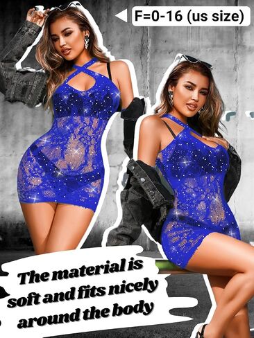 Women Club Party Rave Outfits, Sparkly Rhinestone Halter Bodycon Dress Lingerie, Sexy Sheer Fishnet Exotic Dancewear in Saudi Arabia