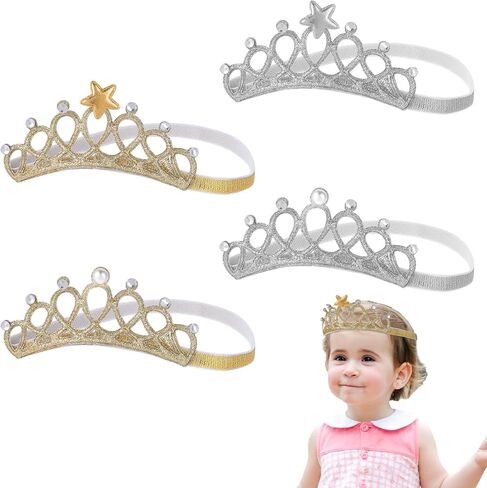 4 Pcs Elastic Crystal Toddler Headbands, Soft Princess Baby, Pearl Toddler Birthday for Birthday Party, Photography (Silver, Gold) in Saudi Arabia