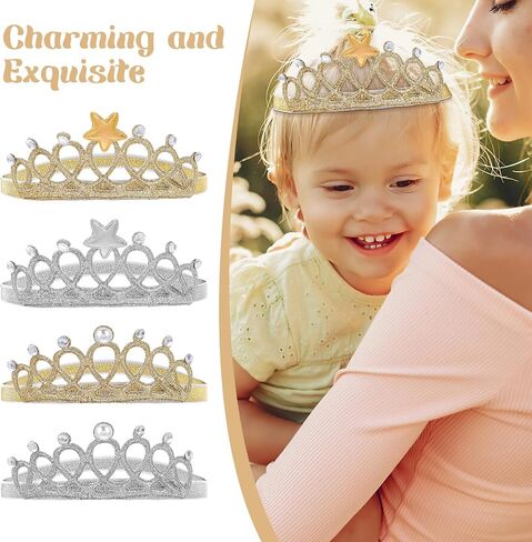 4 Pcs Elastic Crystal Toddler Headbands, Soft Princess Baby, Pearl Toddler Birthday for Birthday Party, Photography (Silver, Gold) in Saudi Arabia