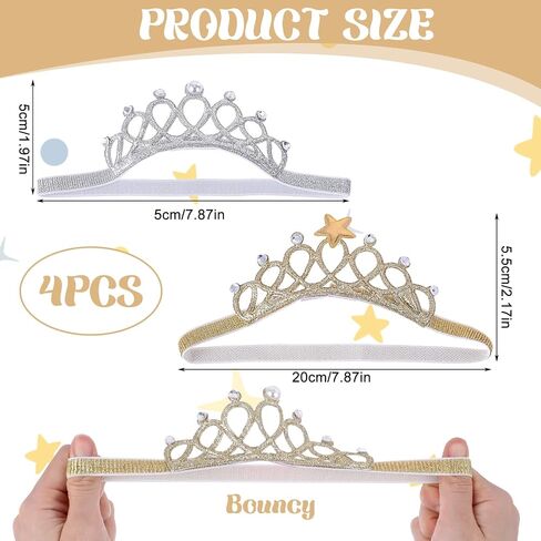 4 Pcs Elastic Crystal Toddler Headbands, Soft Princess Baby, Pearl Toddler Birthday for Birthday Party, Photography (Silver, Gold) in Saudi Arabia