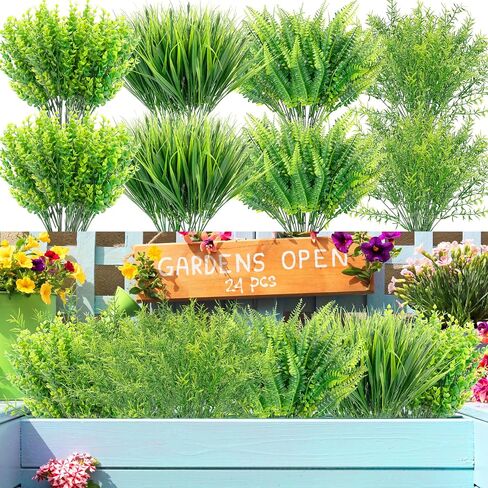 Bundles Artificial Plants, Bulk Fake Boston Fern Boxwood Rosemary Grass Greenery Outdoor UV Resistant No Fade Faux Plastic Plants Garden Porch Window Box Decorating (24Pcs) in Saudi Arabia