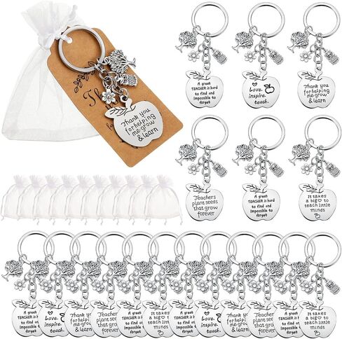 Yinkin 24 Pcs Teacher Keychain Teacher Appreciation Keychain Gift Graduation Teacher Appreciation Gifts with 24 White Drawstring Organza Pouch Gift Bags and 24 Kraft Tags for Teacher from Student in Saudi Arabia