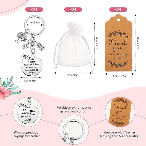 Yinkin 24 Pcs Teacher Keychain Teacher Appreciation Keychain Gift Graduation Teacher Appreciation Gifts with 24 White Drawstring Organza Pouch Gift Bags and 24 Kraft Tags for Teacher from Student in Saudi Arabia