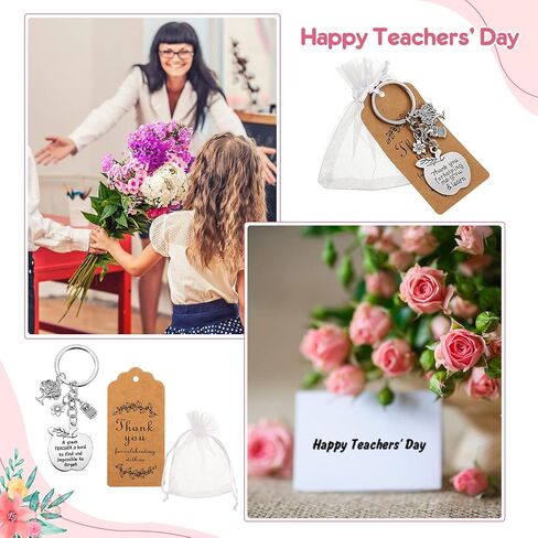 Yinkin 24 Pcs Teacher Keychain Teacher Appreciation Keychain Gift Graduation Teacher Appreciation Gifts with 24 White Drawstring Organza Pouch Gift Bags and 24 Kraft Tags for Teacher from Student in Saudi Arabia