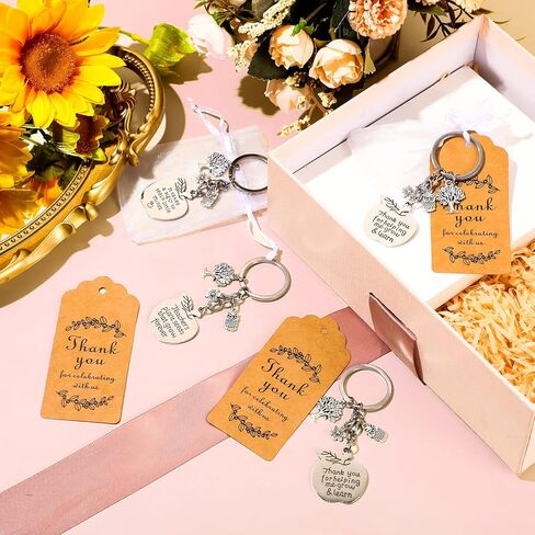 Yinkin 24 Pcs Teacher Keychain Teacher Appreciation Keychain Gift Graduation Teacher Appreciation Gifts with 24 White Drawstring Organza Pouch Gift Bags and 24 Kraft Tags for Teacher from Student in Saudi Arabia