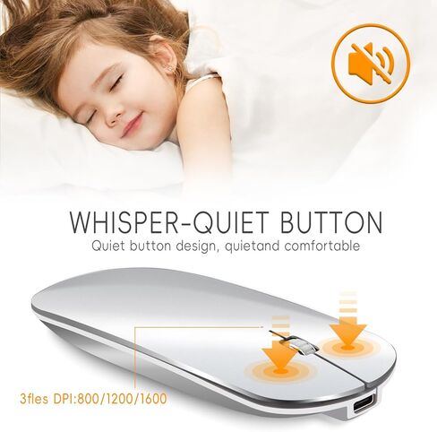 ماوس بلوتوث KANG RUI، ماوس لاسلكي صغير الحجم ومحمول للسفر قابل لإعادة الشحن، ماوس رفيع للغاية متوافق مع أجهزة الكمبيوتر المحمول والكمبيوتر الشخصي والكمبيوتر المحمول والكمبيوتر اللوحي (أبيض فضي) in Kuwait