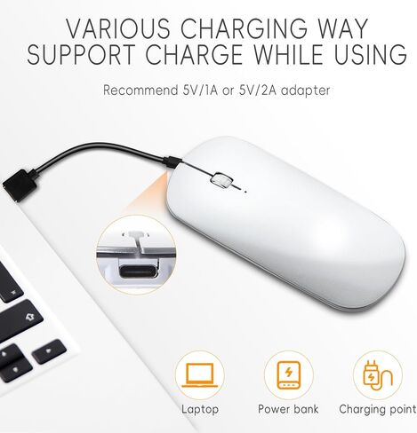 ماوس بلوتوث KANG RUI، ماوس لاسلكي صغير الحجم ومحمول للسفر قابل لإعادة الشحن، ماوس رفيع للغاية متوافق مع أجهزة الكمبيوتر المحمول والكمبيوتر الشخصي والكمبيوتر المحمول والكمبيوتر اللوحي (أبيض فضي) in Kuwait