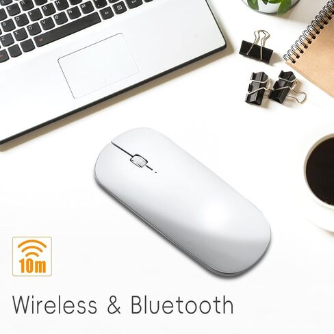ماوس بلوتوث KANG RUI، ماوس لاسلكي صغير الحجم ومحمول للسفر قابل لإعادة الشحن، ماوس رفيع للغاية متوافق مع أجهزة الكمبيوتر المحمول والكمبيوتر الشخصي والكمبيوتر المحمول والكمبيوتر اللوحي (أبيض فضي) in Kuwait