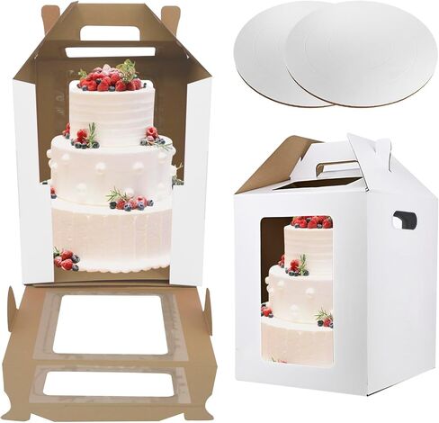 Cake Boxes 2 Pack 12x12x14 Inch with Window&Handle,12 Inch White Tall Cake Boxes for Tier Cakes,Large Tiered with 2 Cake Boards,Disposable Cake Containers/Carrier for Wedding Birthday in Saudi Arabia