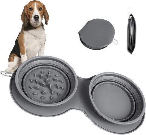 Portable Dog Bowl Collapsible Travel Dog Bowls, Pet Slow Feeder Bowl Dog Cat Feeding Water Bowl, Foldable Expandable Cup Dish with No Spill Silicone Mat, for Pet Traveling Hiking Camping in Saudi Arabia
