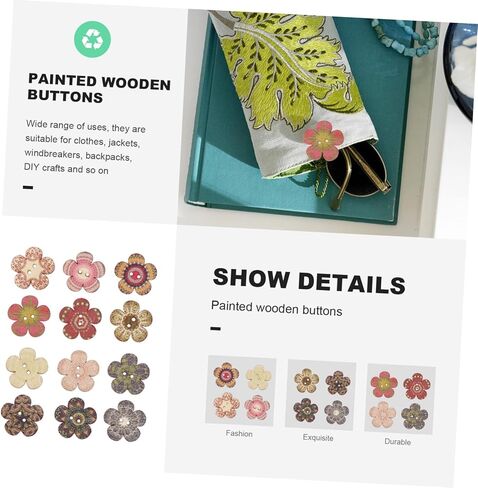 أزرار خشبية مزهرة - عتيقة - زر زهرة قديم الطراز مطلي يدويًا لإكسسوارات الملابس التي يمكنك صنعها بنفسك - الخياطة - الصناعة اليدوية - زر ملابس خشبي بفتحتين للحقائب - السراويل - الأحذية - in Kuwait