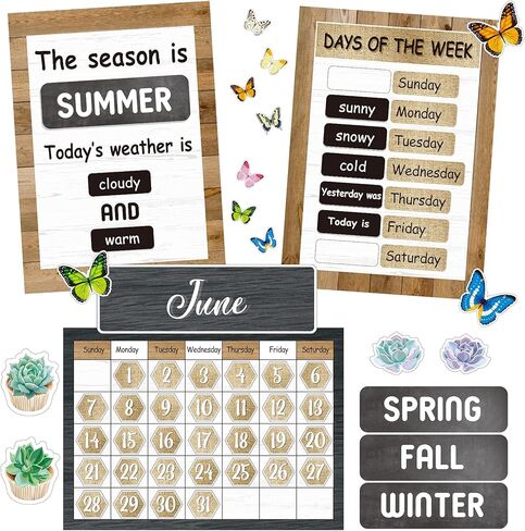 87 Pieces Rustic Calendar Bulletin Board Set Classic Classroom Bulletin Board Decoration with Calendar, Monthly Headers, Days of The Week Seasons Weather Charts for Classroom Decor 13.4 x 9.7 inch in Saudi Arabia