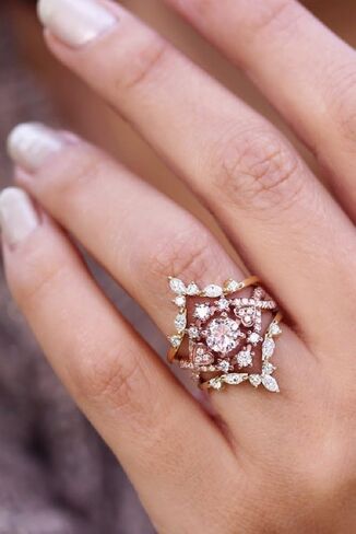 Mnyixsi 3Pcs Fashion Cubic Zirconia Rose Gold Rings Set for Women, CZ Diamond Flower Eternity Engagement Wedding Band Ring for Couple, Handmade Dainty Stackable Heart Charm Jewelry Set Size 6 in Saudi Arabia