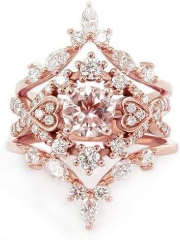 Mnyixsi 3Pcs Fashion Cubic Zirconia Rose Gold Rings Set for Women, CZ Diamond Flower Eternity Engagement Wedding Band Ring for Couple, Handmade Dainty Stackable Heart Charm Jewelry Set Size 6 in Saudi Arabia