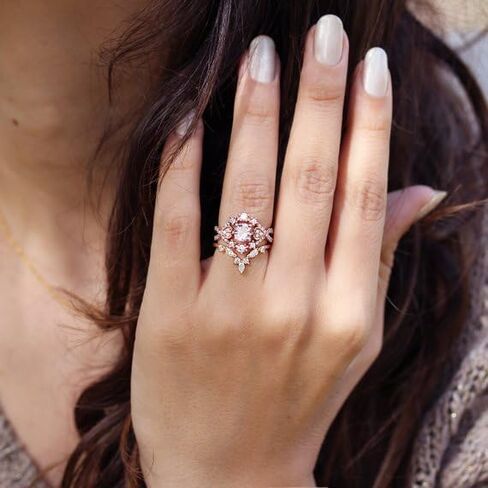 Mnyixsi 3Pcs Fashion Cubic Zirconia Rose Gold Rings Set for Women, CZ Diamond Flower Eternity Engagement Wedding Band Ring for Couple, Handmade Dainty Stackable Heart Charm Jewelry Set Size 6 in Saudi Arabia