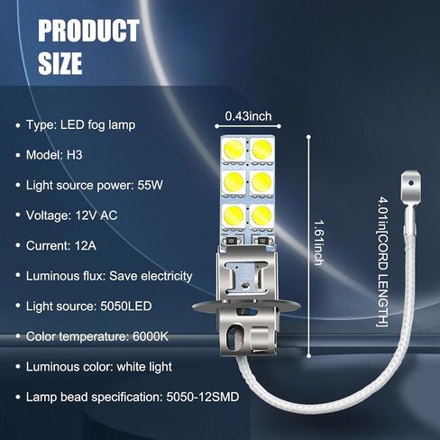 4 قطع مصابيح ضباب LED H3 للسيارة، رقاقة 12SMD-5050 عالية السطوع مضادة للضباب 360 درجة أثناء النهار، توصيل وتشغيل استبدال لمبة مقاومة للماء، عالمية للسيارات (أبيض) in Saudi Arabia