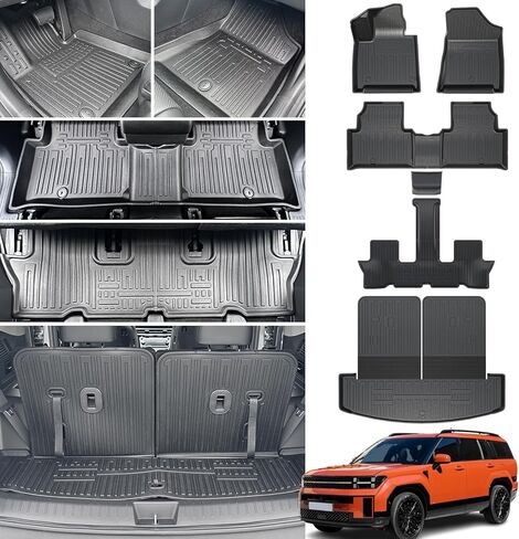 CARESA 2-in-1 Cargo Liner Backrest Mats and Floor Mats for 2024 Hyundai Santa Fe 6/7 مقاعد الملحقات (موديل الغاز فقط)، سجادة صندوق السيارة الداخلية TPE لجميع الأحوال الجوية وأغطية المقعد الخلفي خلف الصف الثالث in Kuwait