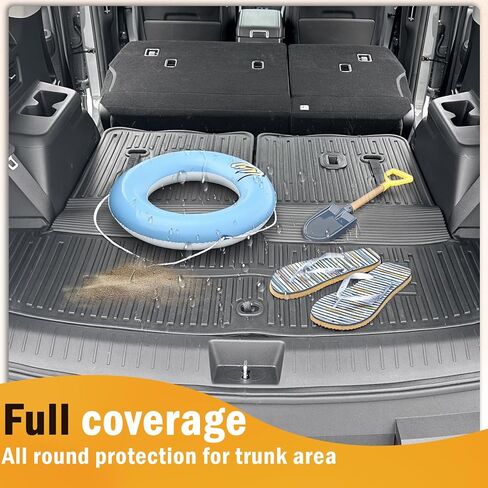 CARESA 2-in-1 Cargo Liner Backrest Mats and Floor Mats for 2024 Hyundai Santa Fe 6/7 مقاعد الملحقات (موديل الغاز فقط)، سجادة صندوق السيارة الداخلية TPE لجميع الأحوال الجوية وأغطية المقعد الخلفي خلف الصف الثالث in Kuwait