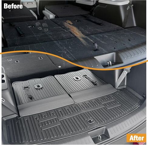 CARESA 2-in-1 Cargo Liner Backrest Mats and Floor Mats for 2024 Hyundai Santa Fe 6/7 مقاعد الملحقات (موديل الغاز فقط)، سجادة صندوق السيارة الداخلية TPE لجميع الأحوال الجوية وأغطية المقعد الخلفي خلف الصف الثالث in Kuwait