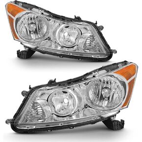 2008 2009 2010 2011 2012 Accord Headlight Assembly for 2008-2012 Honda Accord 4dr Clear Lens Chrome Housing with Amber Reflector Headlamp Replacement Left and Right Pair