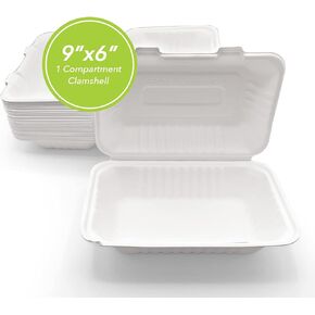 THREE LEAF 9" X 9" 3 Compartment Bagasse Clamshell, 200 Ct. Heavy-Duty- Super Strong- Natural- Eco-Friendly Disposable Bagasse Clamshell, 100% Biodegradable 9 inch Clamshell