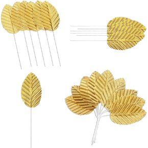 200 Pcs Golden Leaves with Stems Silk Leaf Artificial Leaves Faux Wired Single Leaf Crafts Leaves for Flower Bouquet Wreaths DIY Home Wedding Party Decor(Gold)
