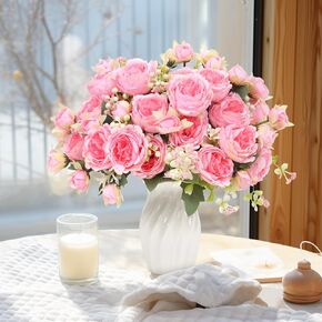 FADACHY 2 Bundles Fake Flowers,Champagne Artificial Flowers Peonies Faux Peony Flowers with Stems, Real Touch Silk Flowers Bouquet for Outdoor Home Decor DIY Wedding Flower Arrangements