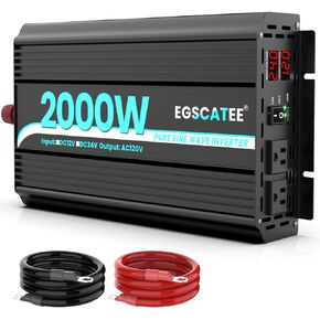24V 2000W Pure Sine Wave Power Inverter 24V DC to 120V AC Converter for Car, Truck, Home, Vehicles,Boat, Car Power Converter 24V DC to 110V AC with 2 AC Outlets, USB Ports, LCD Display