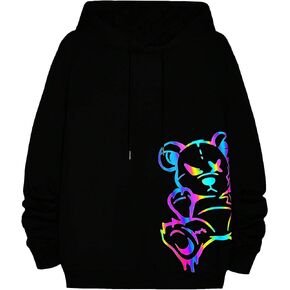 WDIRARA Men's Bear Print Drawstring Hoodie Reflective Drop Shoulder Long Sleeve Pullover Hooded Sweatshirts