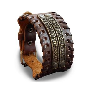 Genuine Leather Bracelet With Viking Rune Futhark Metal Plates For Men Women, Adjustable Wrap, Ethnic Tribal Braided Bracelet Wristbands