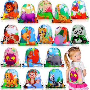 Gerrii 16 Pieces Jungle Animal Drawstring Bags Cartoon Animal Safari Goodie Bags Safari Party Favors for Boy Girl Birthday Baby Shower