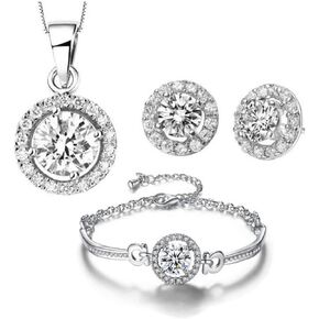 4 Pieces Fashion Shining Zircon Silver Pendent Necklace Earring Bracelet Jewelry Set for Women Lady Wedding Birthday Party Prom Gifts