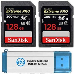 SanDisk 128GB SDXC SD Extreme Pro UHS-II Memory Card (Two Pack) 300MB/s 4K V30 U3 (SDSDXPK-128G-ANCIN) Bundle with (1) Everything But Stromboli 3.0 Card Reader