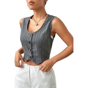 WDIRARA Women's Striped Button Front Sleeveless Asymmetrical Hem Blazer Crop Waistcoat Vest
