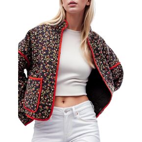 Women's Cropped Puffer Jacket Lightweight Floral Print Long Sleeve Padded Quilted Puffy Cardigan Coat (Black-S)