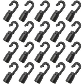 20PCS Shock Cord Open End Hook Bungee Plastic Rope Terminal Hook Elastic Rope Round Hole Environmental Protection Hook Diameter 1/4 inch for Water Sports Camping Accessories Cargo Net Black