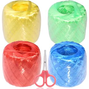 4 Rolls 4 Colors Polyester Nylon Plastic Rope Twine with Scissors, 35MM Width and 180M/590Ft Length Plastic Rope for Packing, Gardening(Green/Red/Yellow/Blue)