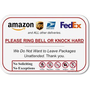Ring Bell or Knock Hard - Do Not Leave Packages Unattended Delivery Instructions for Amazon UPS FEDEX USPS and Food Deliveries, 6 x 9 Rust & Waterproof PVC - Sign with Mounting Adhesive by SPRYZZLE