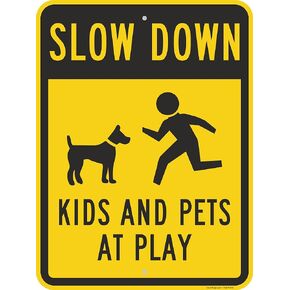 SmartSign 24 x 18 inch “Slow Down - Kids And Pets At Play" Metal Sign, 80 mil Laminated Rustproof Aluminum, Black and Yellow