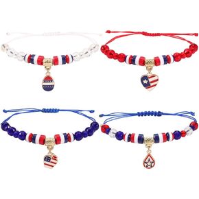 4 Pcs Patriotic USA Bracelet for Women Men Girls Boys 4th of July American Flag Theme Weaving Adjustable Bracelet Stacking Beaded Multilayered Boho Freedom Independence Day National Day Jewelry Accessory Gifts