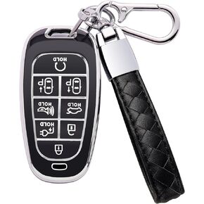 for Hyundai Ioniq 5 Key Fob Cover Soft TPU with Leather Keychain 360 Degree Protection Key Case Shell Holder Fits for 2023 2022 2021 2020 Hyundai Ioniq 5 Nexo Tucson Sonata (8 Button, B Black)