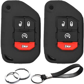2pcs Compatible with Jeep Wrangler JL Gladiator JT Wagoneer Flip 4 Buttons Black Key Fob Cover Case Key Chain Protector Keyless Remote Holder