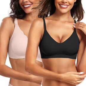 Vertvie Womens Seamless Bra No Underwire Scalloped Push Up Bras (2Pcs Black+Skin M)