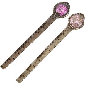 AKOAK 2 Pcs Metal Bookmark Ruler, Bronze Vintage Dried Flower Bookmark, Round 4.72 "Ruler Marker, Suitable for Students, Children and Teachers